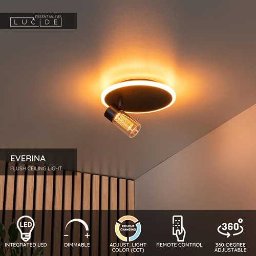 Lucide EVERINA - Flush ceiling light - Ø 23 cm - LED Dim. - CCT - 2200K/6500K - Black | Essential - USP